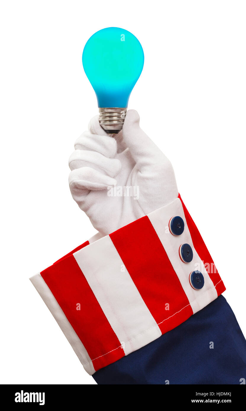 Uncle Sam Holding Blue Light Bulb, Isolated on White. Stockfoto