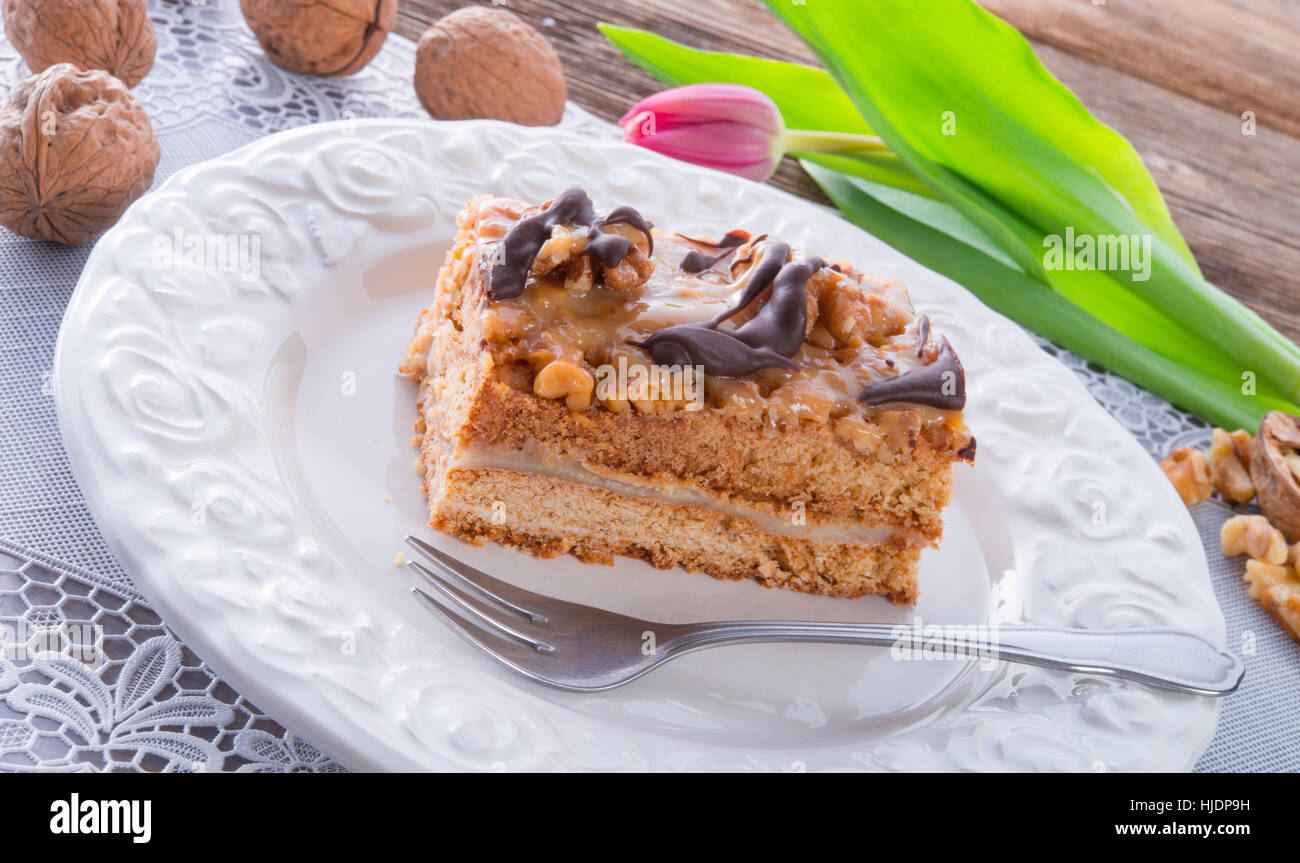 Kuchen, Torte, Kuchen, Nuss, Torte, Morabuoy, Karamell, Küchen, Dessert, Schokolade, Stockfoto