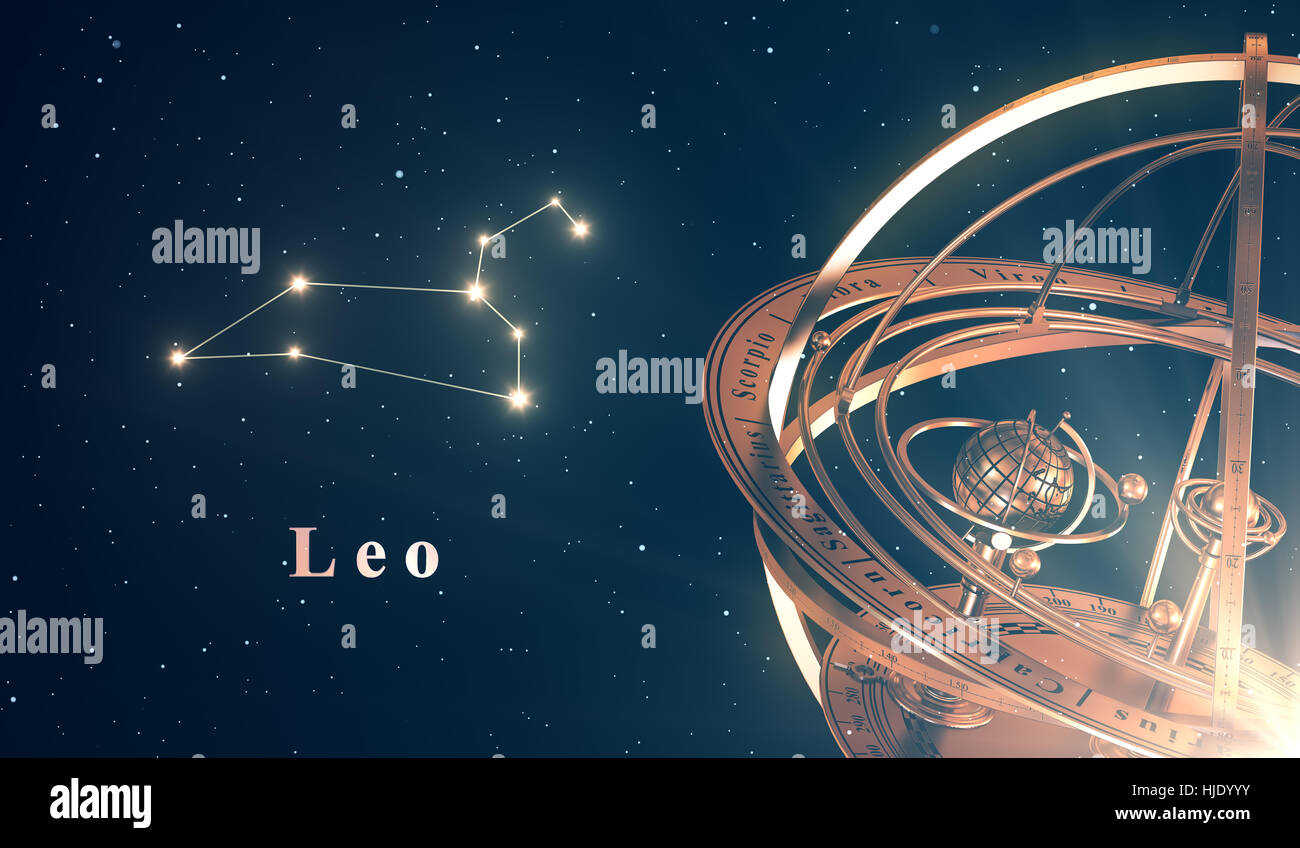 Tierkreis Konstellation Leo und Armillarsphäre auf blauem Hintergrund Stockfoto