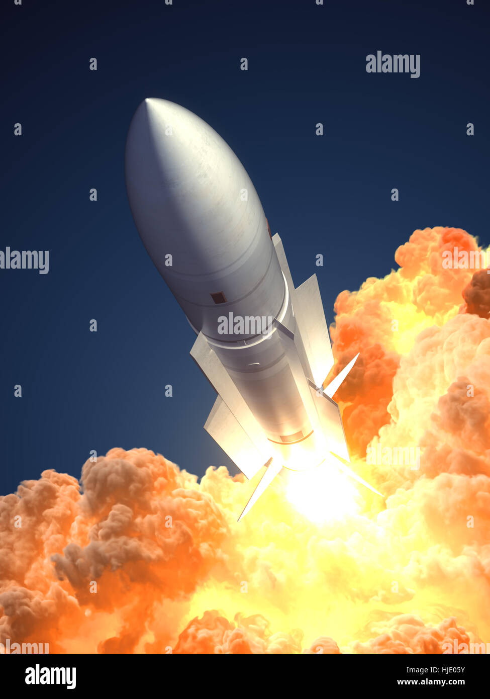 Raketenstart In The Clouds Of Fire Stockfoto