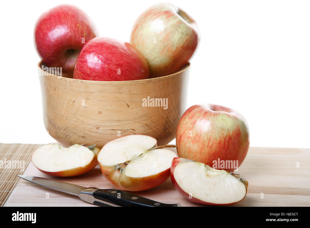 Holz, Obst, Äpfel, Apfel, schneiden, die Hälfte, Hälften, Arm, Waffe, Messer, Messer, rot, Stockfoto