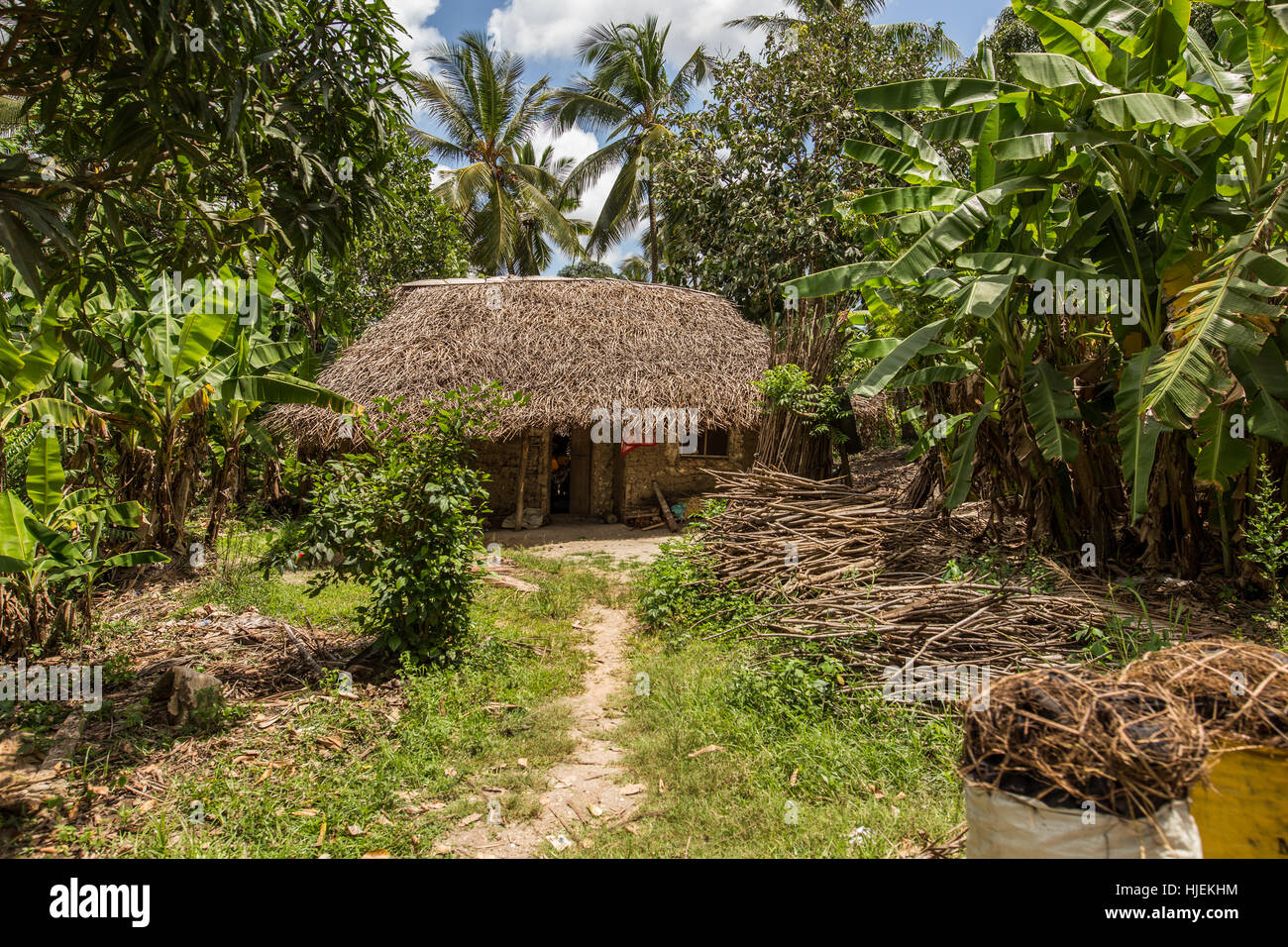 Primitive Häuschen mit Strohdach, gebaut von einheimischen lokalen Menschen, gemacht aus Holzstäbchen und roter Erde (keine Ziegel), Sansibar, Tansania, Afrika Stockfoto