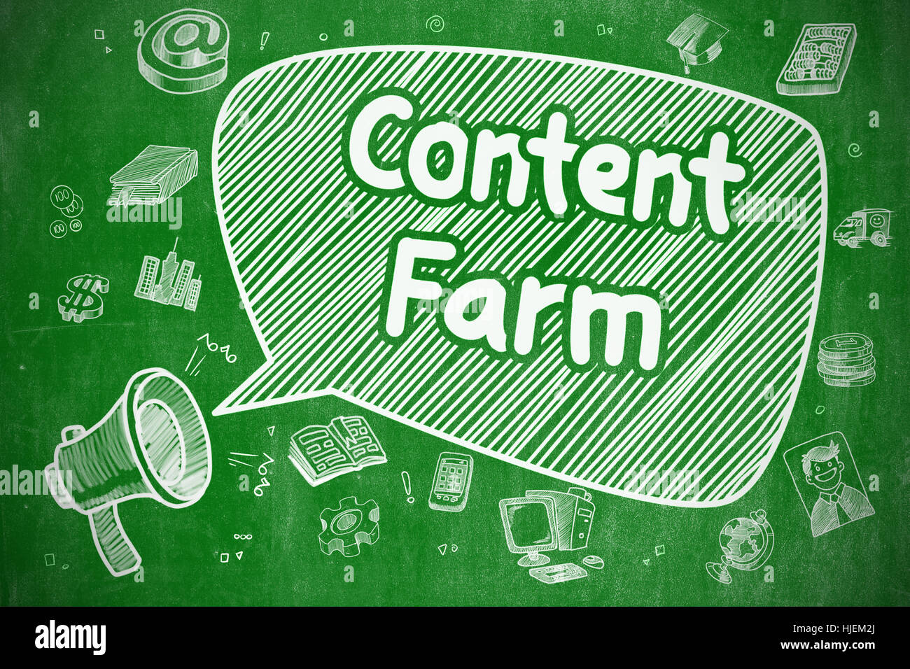 Content-Farm - Hand gezeichnete Illustration an grüne Tafel. Stockfoto
