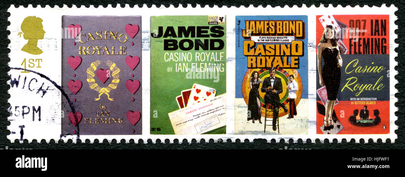 Großbritannien - ca. 1995: Eine gebrauchte Briefmarke aus dem Vereinigten Königreich, Darstellung Abbildung Bücher Casino Royale von Ian Fleming. Stockfoto