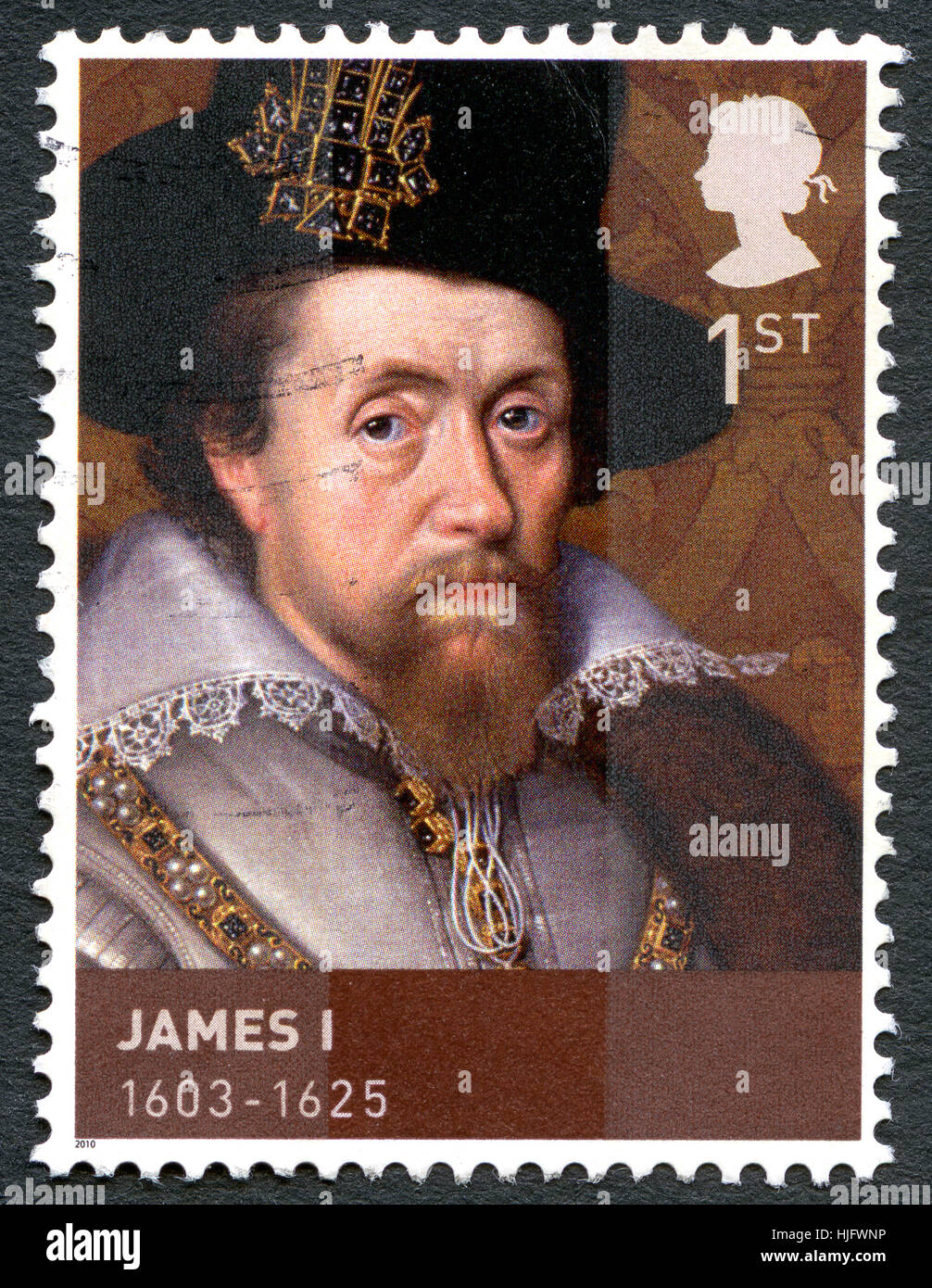 Vereinigtes Königreich - ca. 2010: Eine gebrauchte Briefmarke aus dem Vereinigten Königreich, Darstellung zur Veranschaulichung der König James i., ca. 2010. Stockfoto