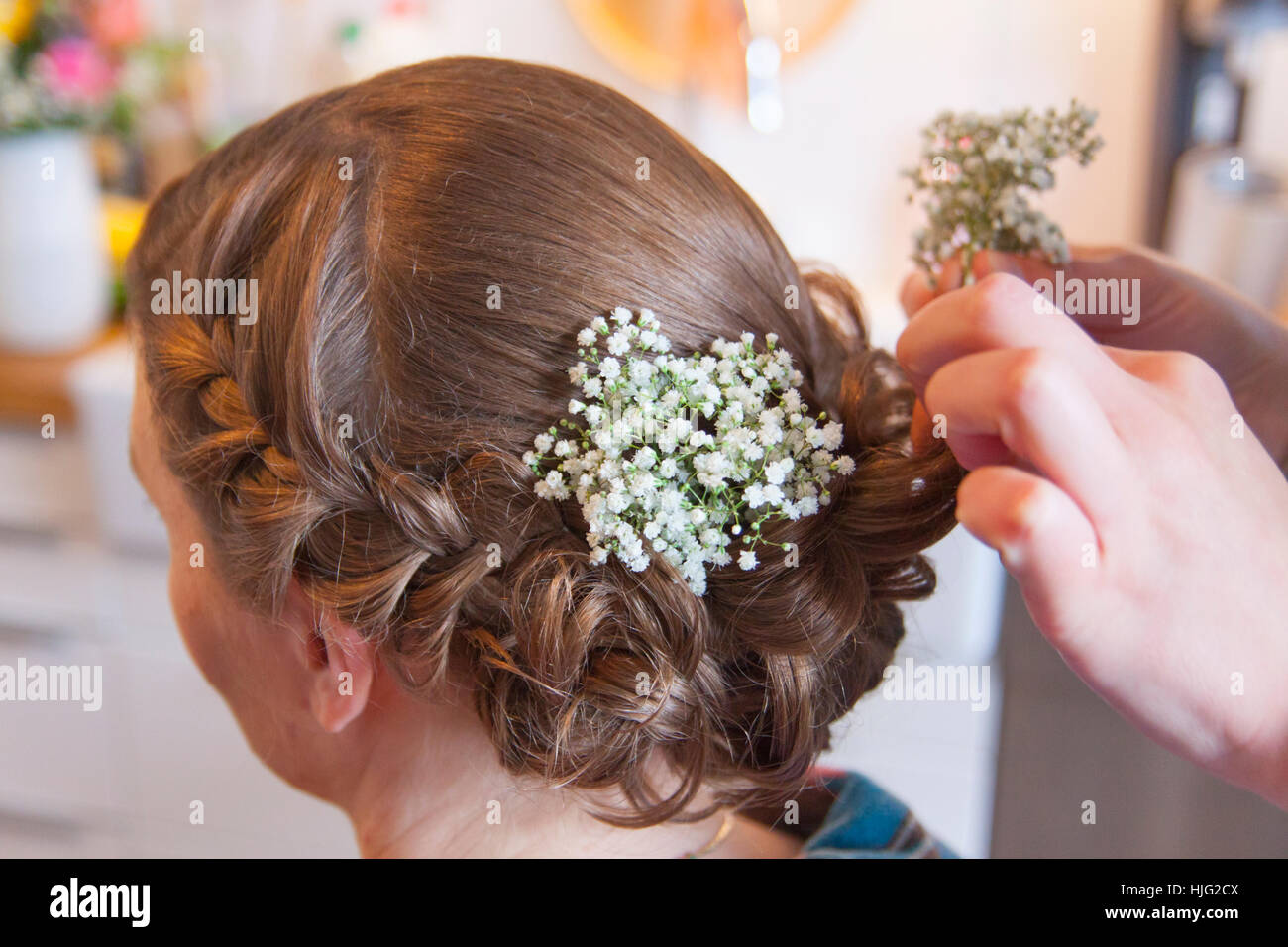 Braut, Haare, Frisur, Brautjungfer, geflochten, Zopf, Haarnadel, Friseur, Hände, Kopf, braun, Schleier, Tag, am besten, in Leben, Ehe, Hochzeit, weddin Stockfoto