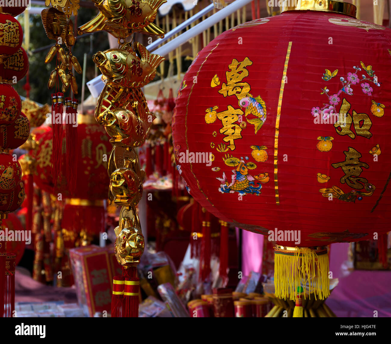 traditionelles Dekor für chinesisches Neujahr rote Papierlaternen mit gold Hieroglyphen und Goldfisch Nahaufnahme selektiven Fokus Stockfoto