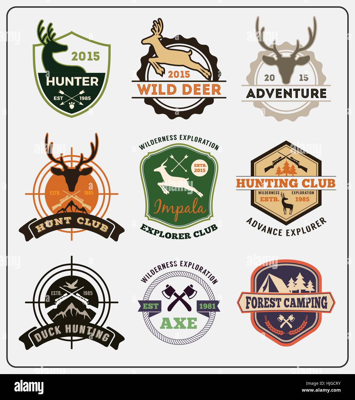 Satz von Jagd und Abenteuer Abzeichen Logo-Design für Emblem Logo