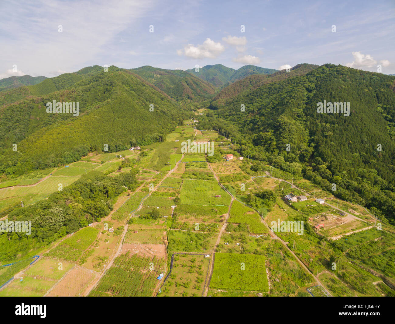 Luftaufnahme des Kyodogawa Schwemmfächer, Yamanashi-Präfektur, Japan Stockfoto