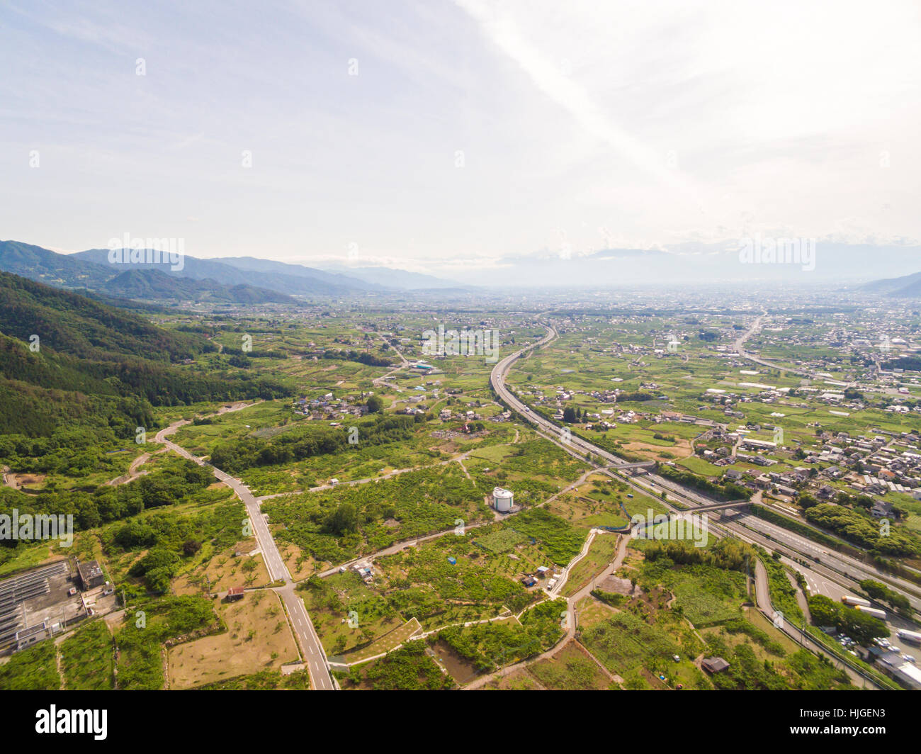 Luftaufnahme des Kyodogawa Schwemmfächer, Yamanashi-Präfektur, Japan Stockfoto