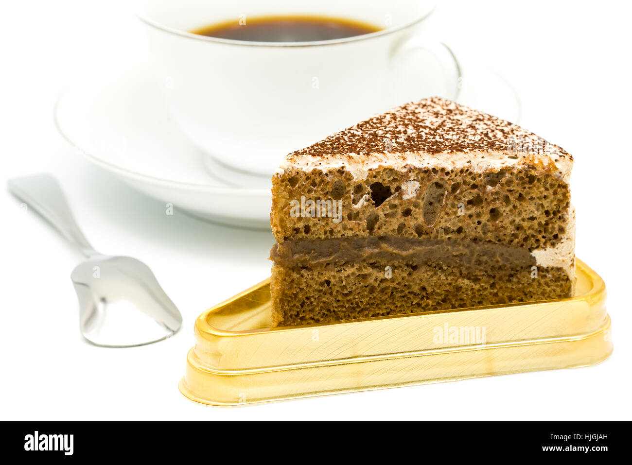 Kaffee-Kuchen und einer Tasse Kaffee auf weißem Hintergrund Stockfoto