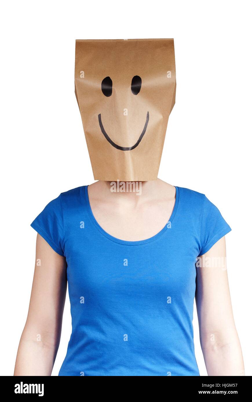 ein glücklicher Mensch mit Papiertüte vor Kopf, isoliert Stockfotografie -  Alamy