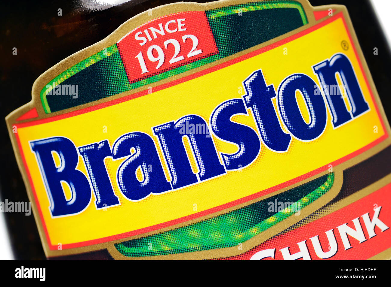 Branston Label auf ein Glas mit Gurke, Nahaufnahme Stockfoto