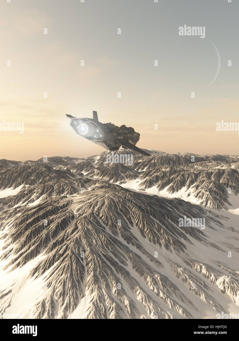Interplanetarische Raumschiff fliegen über Schnee bedeckte Berge - Science-Fiction-Abbildung Stockfoto