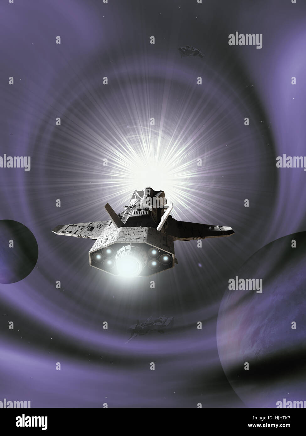 Interplanetarischen Raumschiff nähert sich ein lila Wurmloch im Deep Space - Science-Fiction-Abbildung Stockfoto
