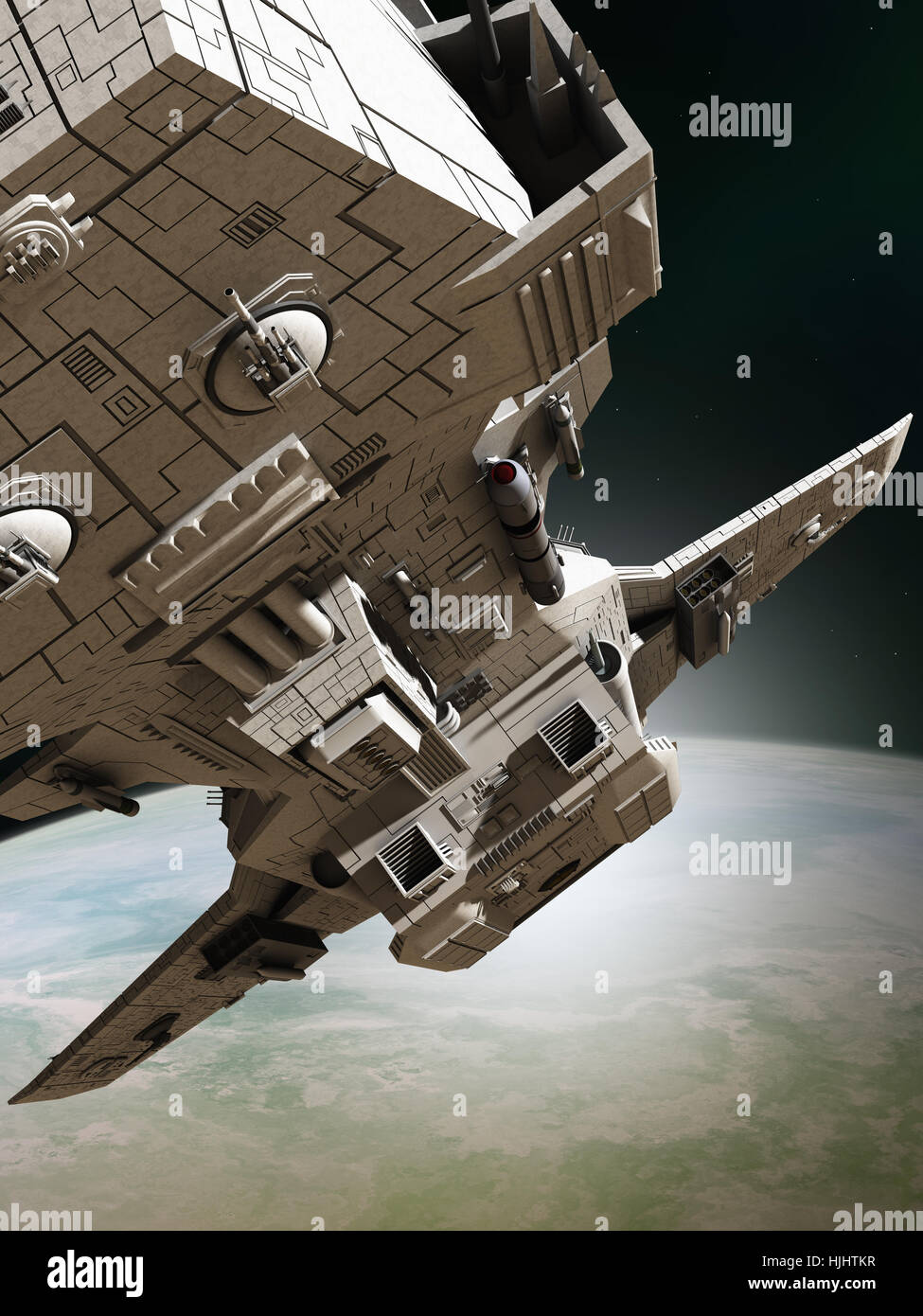 Interplanetarischen Raumschiff verlassen Orbit, Nahaufnahme - Science-Fiction-Abbildung Stockfoto