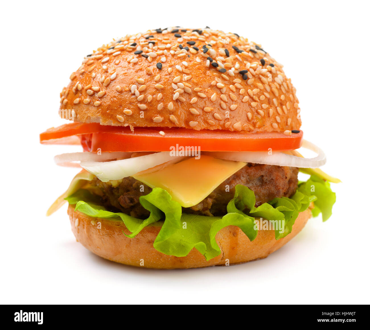 Einzigen frischen heißen Cheeseburger isoliert auf weiss Stockfoto