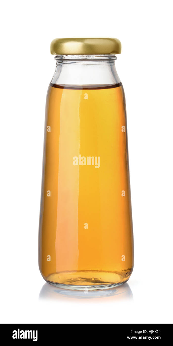 Kleine Flasche Apfelsaft isoliert auf weiss Stockfoto