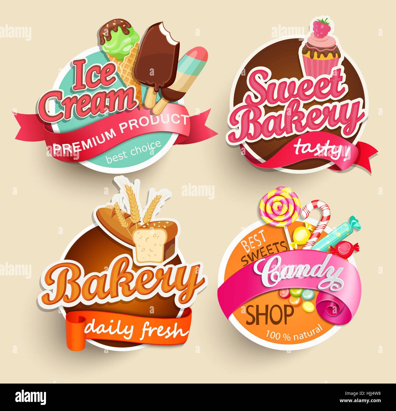 Lebensmittel-Etiketten oder Aufkleber - Bäckerei, Eis, Süßigkeiten, süße Bäckerei - Design-Vorlage. Vektor-Illustration. Stock Vektor