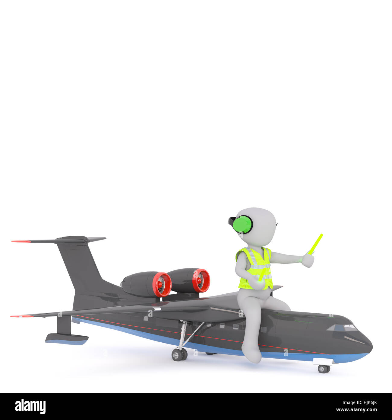 3D rendering von Cartoon Charakter tragen reflektierende Warnweste, Ohrhörer und Holding Schlagstöcken während Reiten auf Top Kleinflugzeug vor weiß Stockfoto