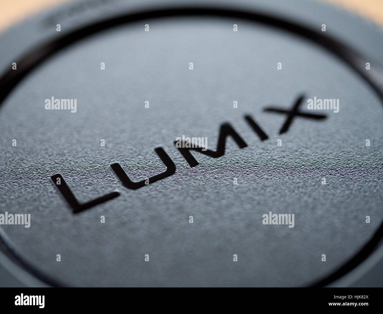 Das Wort Lumix von Panasonic Lumix Objektivdeckel Stockfoto