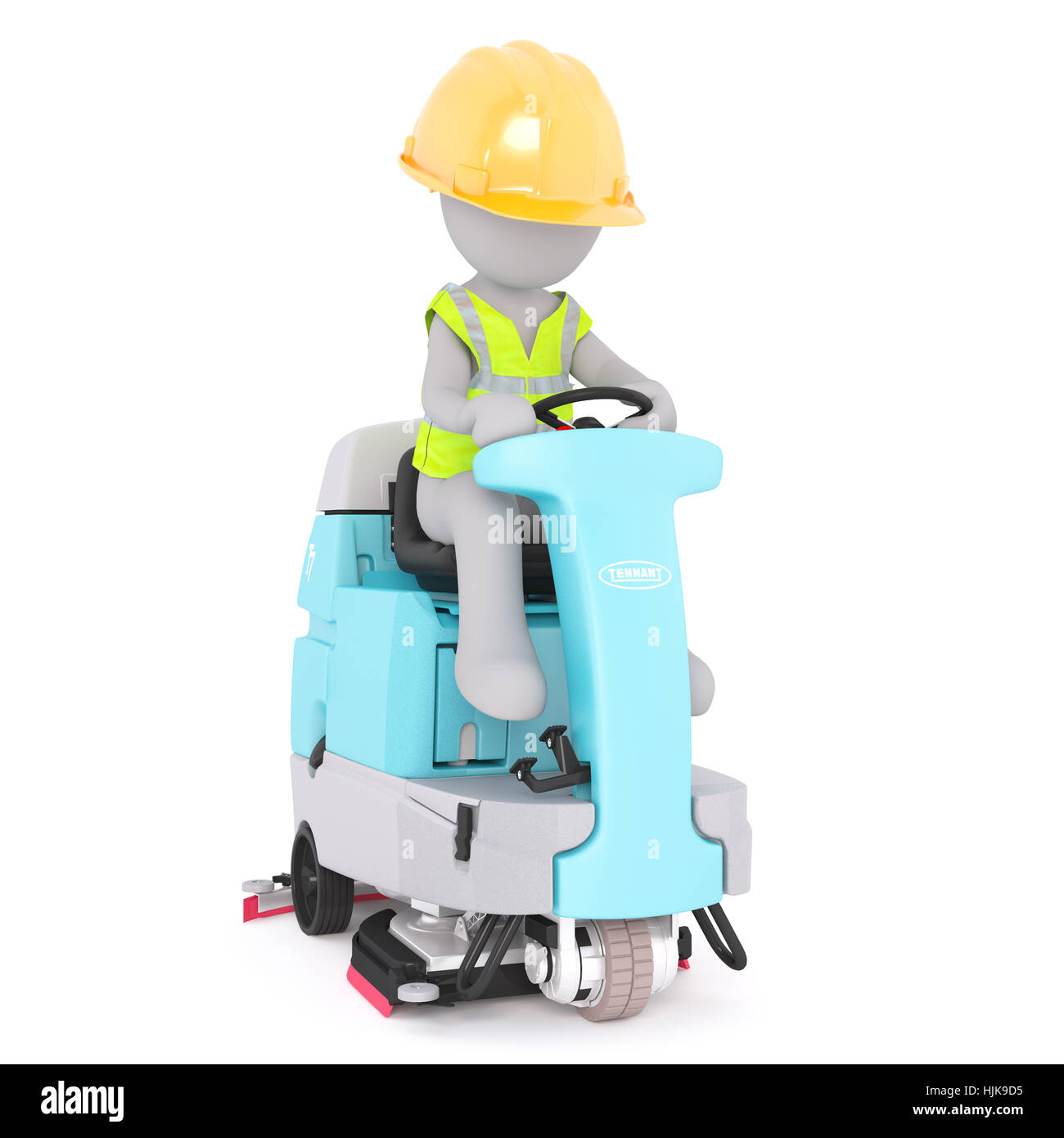 Abbildung von gesichtslosen 3D Mann im harten Hut und Signal Weste Reiten befahrbar Boden Wäscher, isolierten auf weißen Hintergrund Rendern Stockfoto