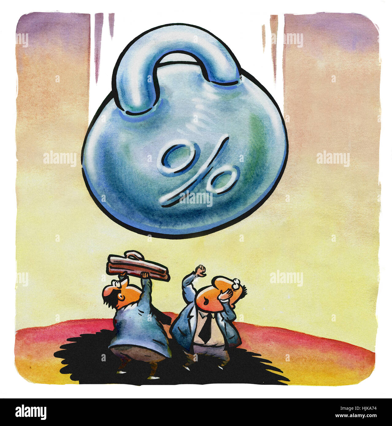 2 Männer und unerträglich Bank Kredit-Prozente Stockfoto