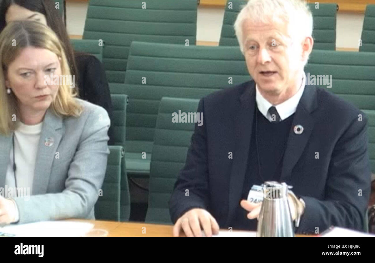 Zeugen Sie Film-Regisseur Richard Curtis und Kate Garvey, Mitbegründer des Projekts alle an den Commons Umwelt Prüfungsausschuss über nachhaltige Entwicklungsziele auf Portcullis House, London. Stockfoto