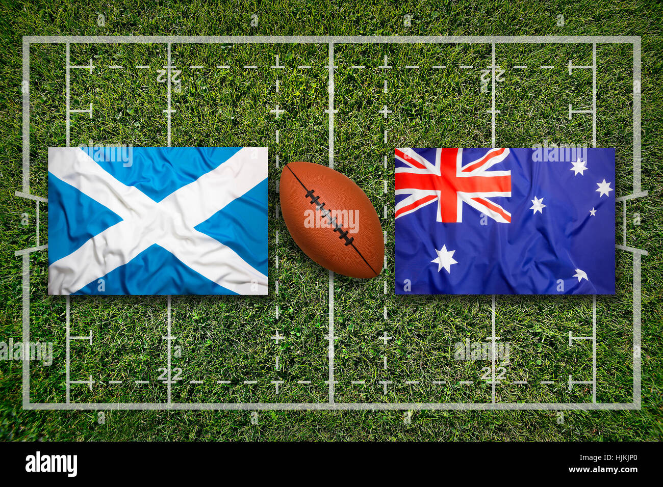 Schottland vs. Australien Flaggen auf grüne Rugby-Feld Stockfoto