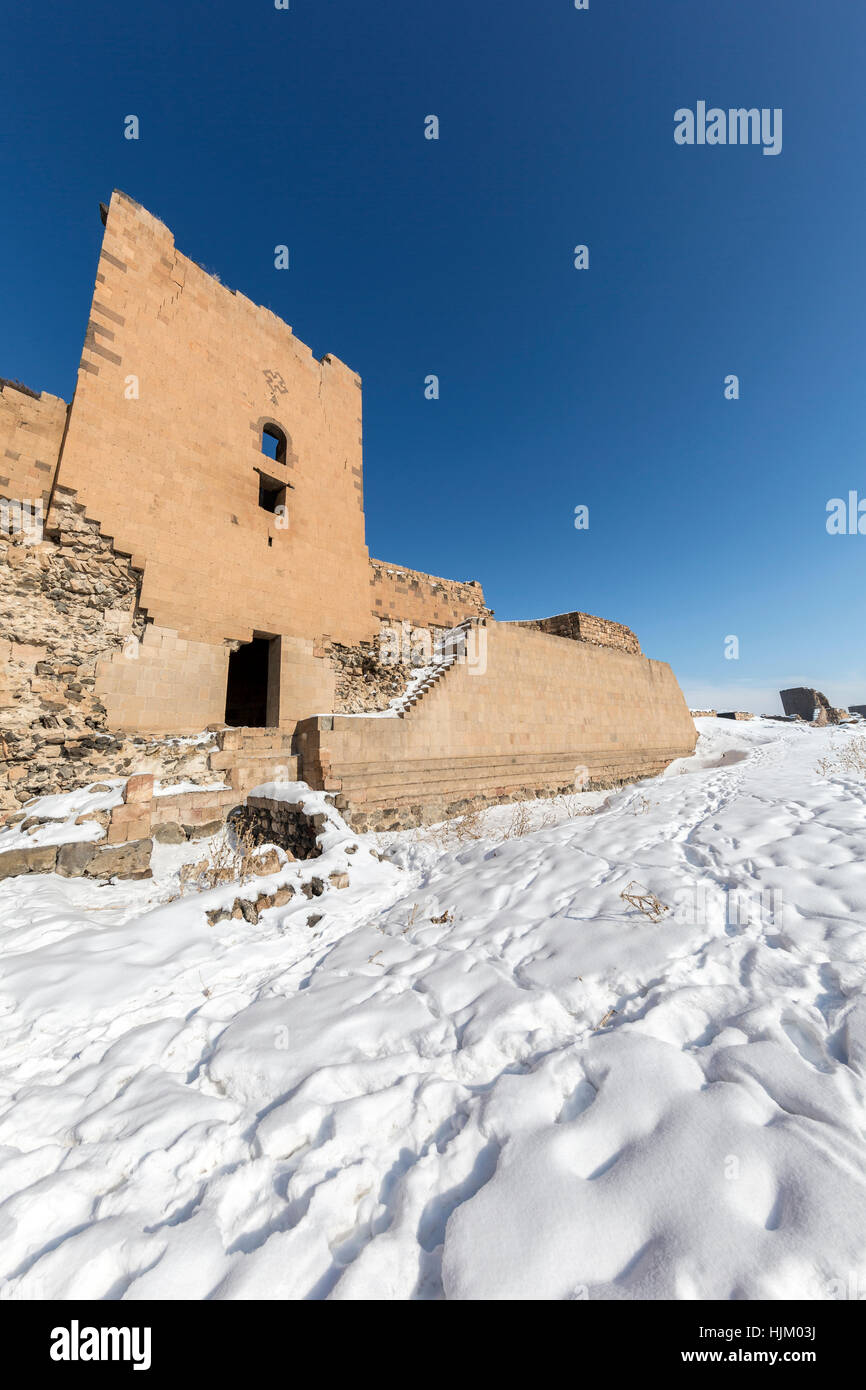 Stadtmauer von Ani. ANI ist eine zerstörten mittelalterlichen armenischen Stadt jetzt in der türkischen Provinz Kars und neben der geschlossenen Grenze zu Armenien. Ein Stockfoto