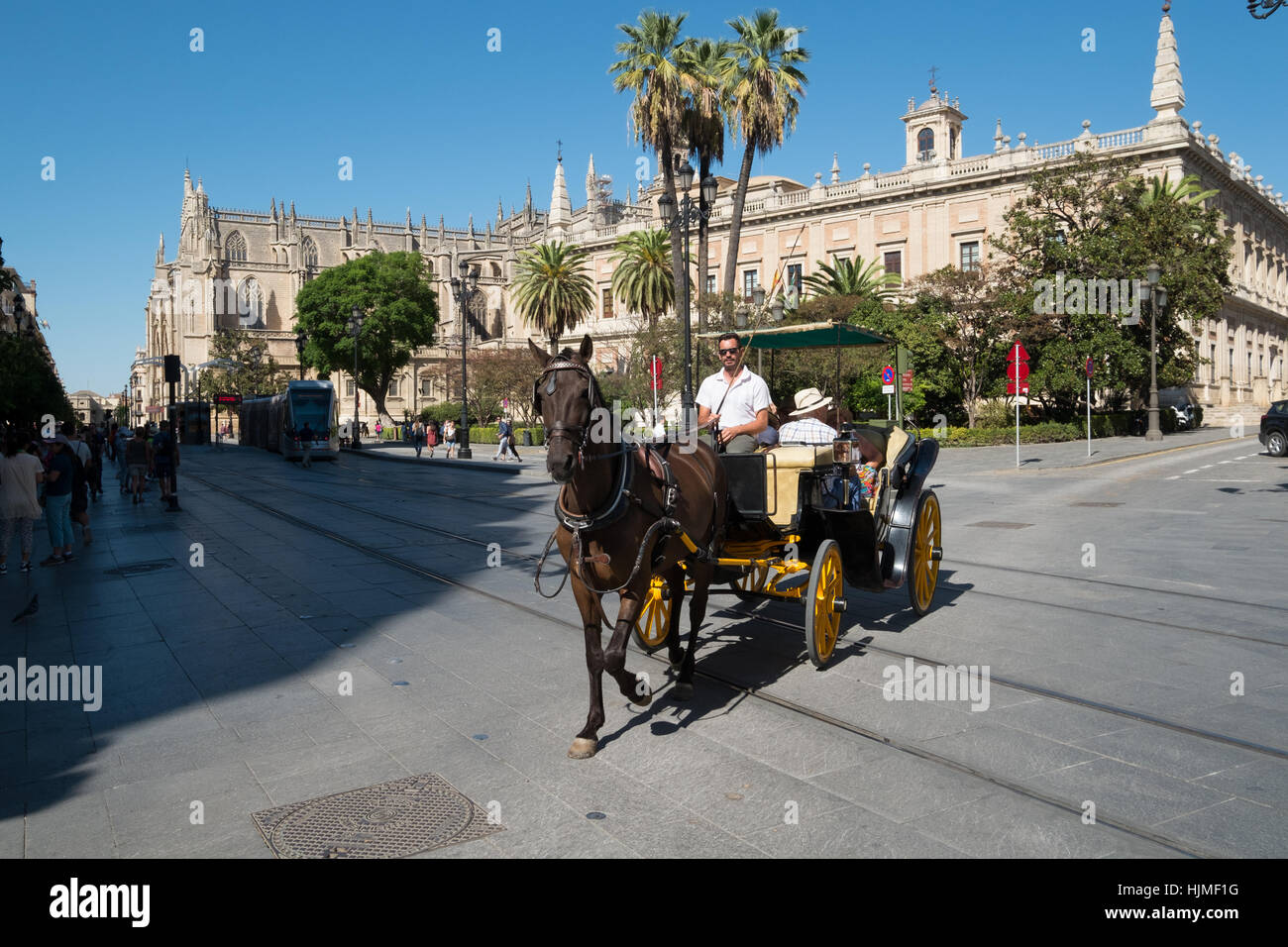 Pferd und Wagen auf der Ave De La Constitución, Sevilla, Andalusien, Andalucia, Spanien Stockfoto