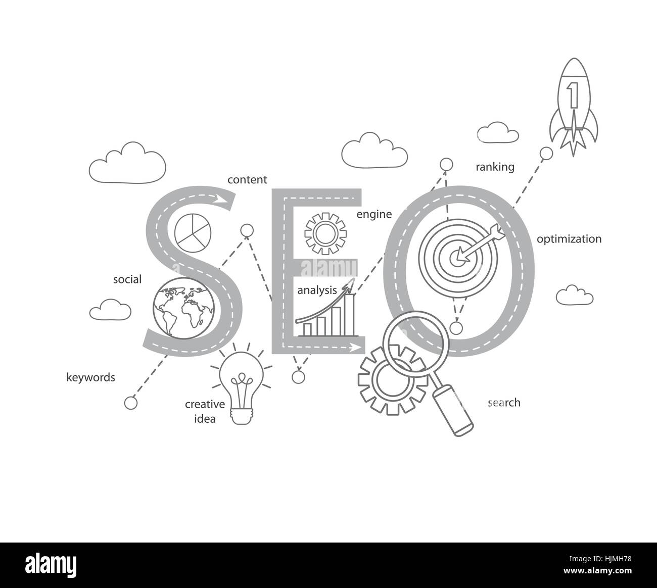 Konzept der SEO Wort kombiniert moderne dünne Linienelemente und Symbole, die ein Erfolg Internet Benutzer Optimierungsprozesses symbolisiert. Vektor. Stock Vektor