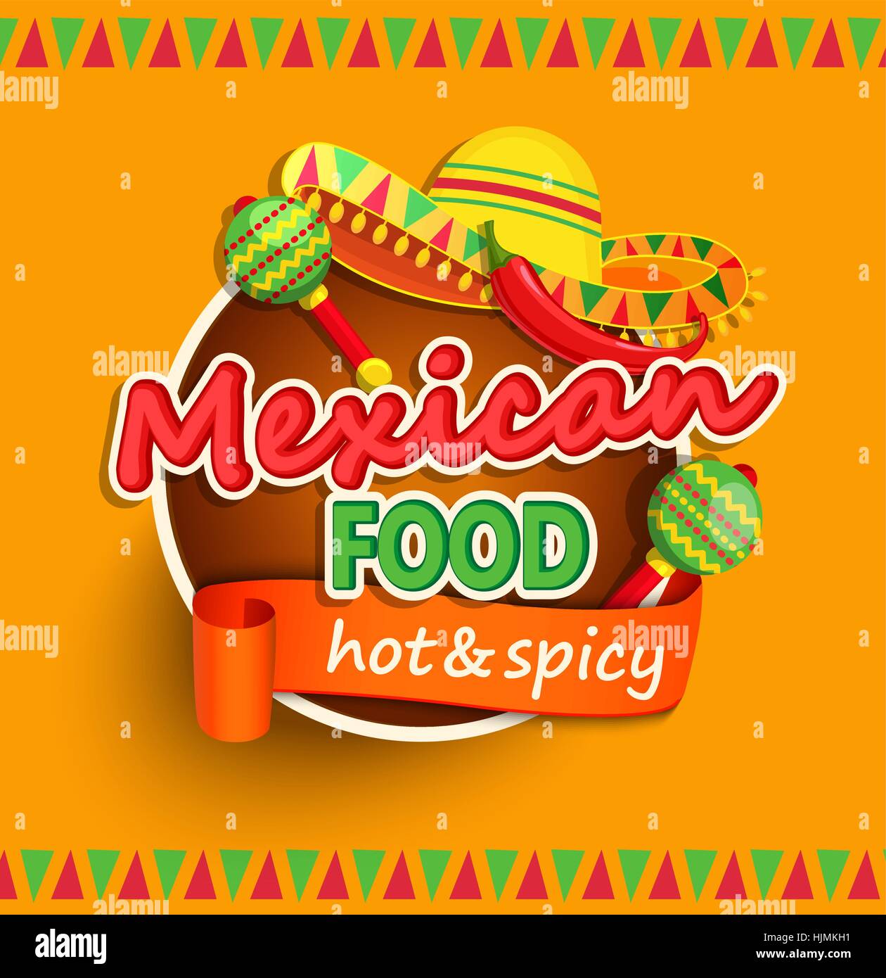 Mexikanisches Essen Label mit traditionellen würzig, Maracas und Sombrero Vektor-illustration Stock Vektor