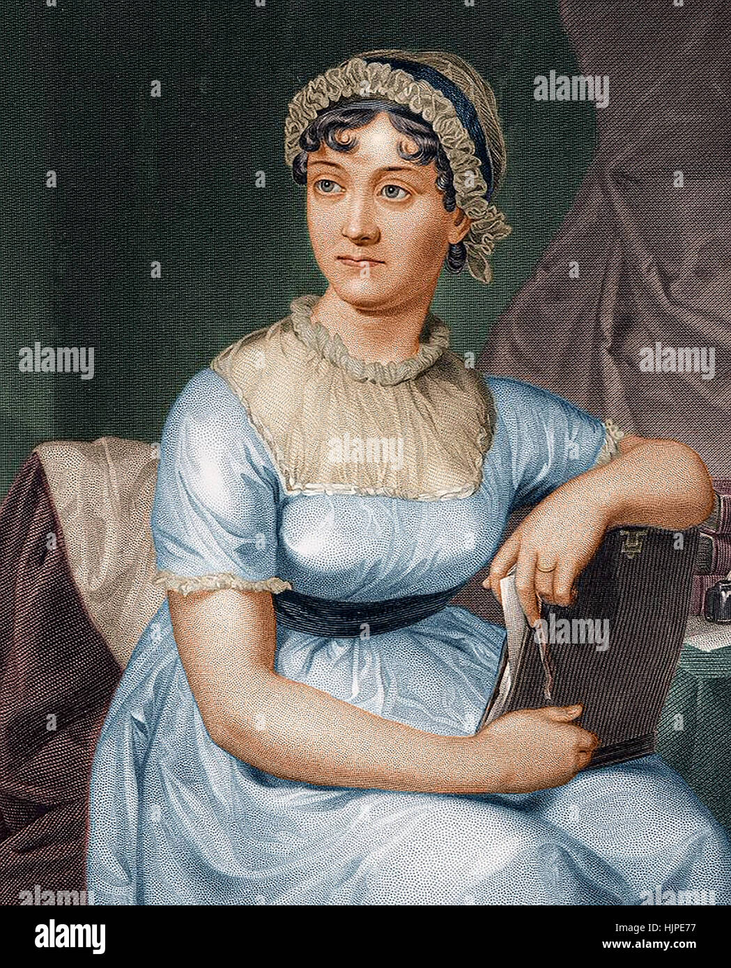 Englische Schriftstellerin JANE AUSTEN (1775-1817) basierte Farbausführung Lithographie aus dem Jahr 1873 die Gravur in ihren Neffen James Austen-Leighs Biographie im Jahre 1869, selbst basierend auf früheren Bildern veröffentlicht Stockfoto