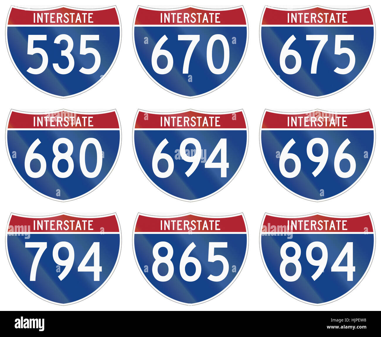 Sammlung von Interstate Highway Schilde in den USA eingesetzt. Stockfoto