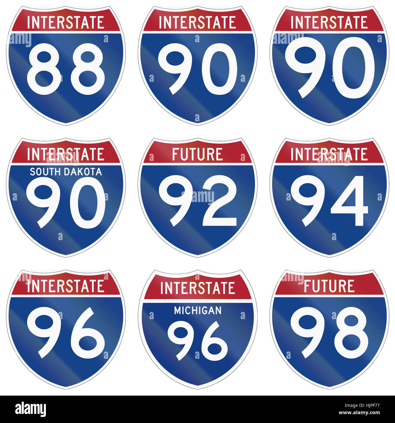 Sammlung von Interstate Highway Schilde in den USA eingesetzt. Stockfoto