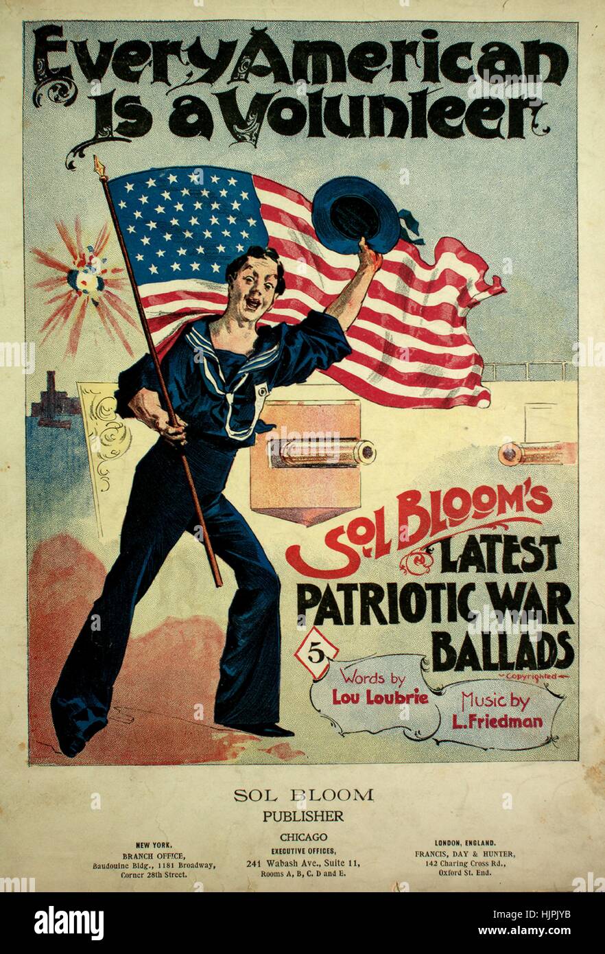 Noten zu decken Bild des Liedes "Alle amerikanischen ist eine freiwillige Sol Bloom es neueste Vaterländischen Krieg Balladen", mit ursprünglichen Autorschaft Noten lesen "Worte von Lou Loubrie Music von L Friedman", USA, 1898. Der Verlag als "Sol Bloom" aufgeführt ist, die Form der Komposition ist "strophische mit Refrain", die Instrumentierung ist "Klavier und Stimme", liest die erste Zeile ' Oh! Horch, dem Ruf des Krieges, das klingt ", und der Abbildung Künstler als"Sol Bloom, Print"aufgeführt ist. Stockfoto