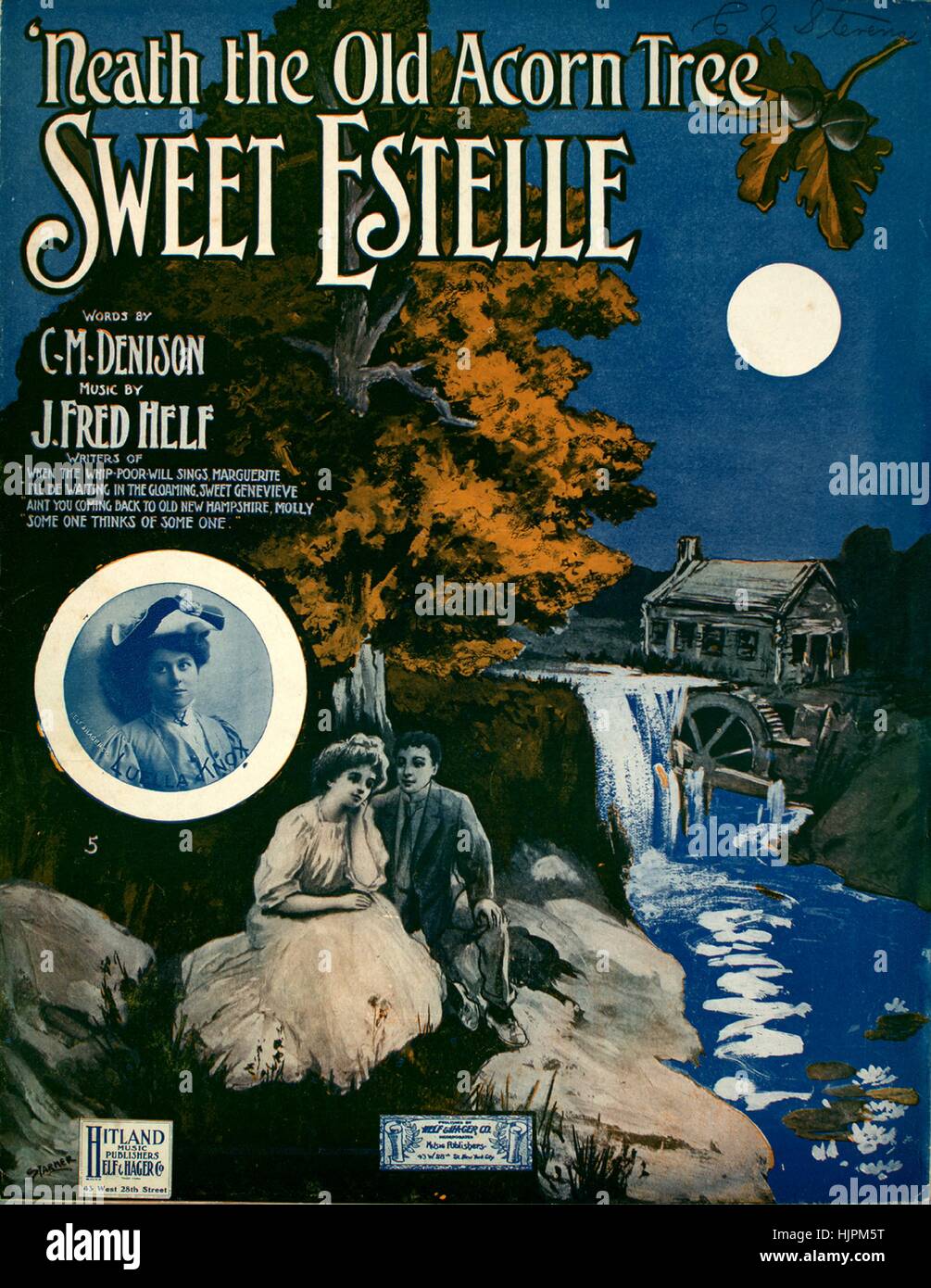 Noten-Cover-Bild des Liedes '' Neath the Old Acorn Tree, süße Estelle ", mit ursprünglichen Autorschaft Noten lesen 'Words CM Denison Musik von J Fred Helf', USA, 1907. Der Verlag als "Helf und Hager Co., Inc., Musikverlage, 43 W. 28. St." aufgeführt ist, die Form der Komposition ist "strophische mit Chor", die Instrumentierung ist "Klavier und Gesang (Solo und Ttbb Chor)", liest die erste Zeile '' Tis Twilight und die Mühen des Tages ist vorbei ", und der Abbildung Künstler wird als aufgeführt" Unattrib. Foto von Knox; Starmer; Teller, Söhne und Dorner NewYork ". Stockfoto