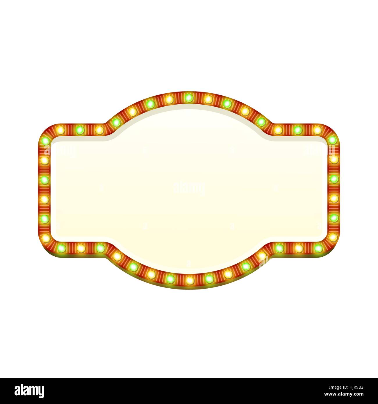 Leere 3d Retro-leichte Banner mit leuchtenden Lichter. Rotes Schild mit grünen und gelben Birnen und hellen leere Platz für Text. Vintage Straße Schild. Werbung-Frame. Bunte Vektor-Illustration. Stock Vektor