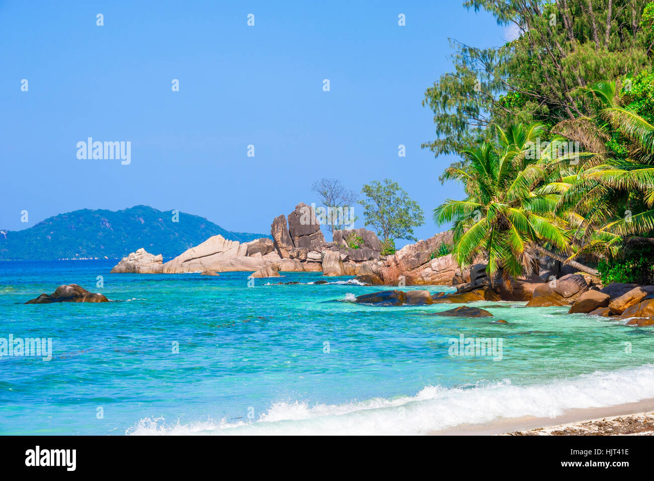 Strand der Seychellen-Insel Praslin, Strand Anse La Blague Stockfoto