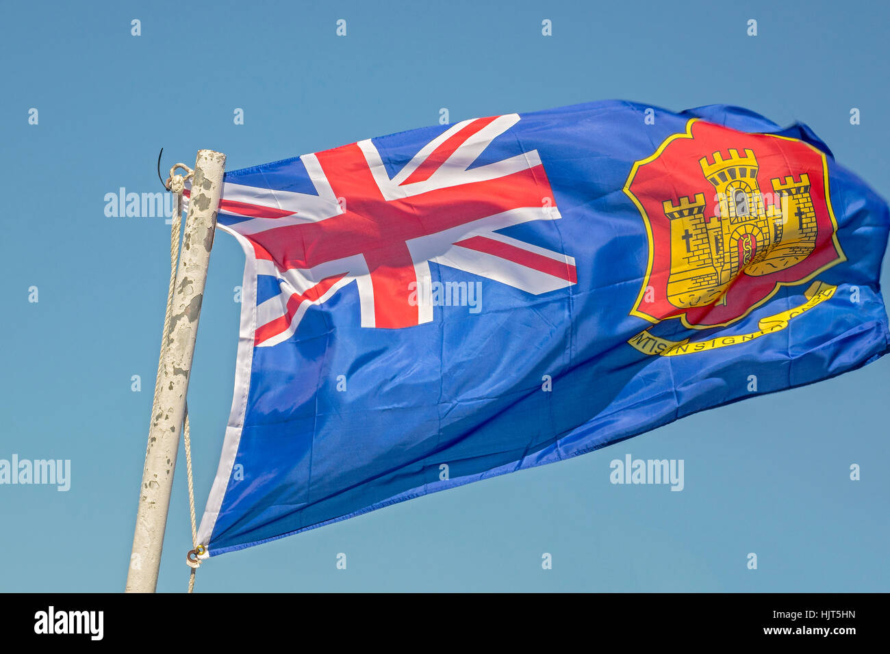 Gibralter Flag Flying From A Mast Gibraltar Stockfoto