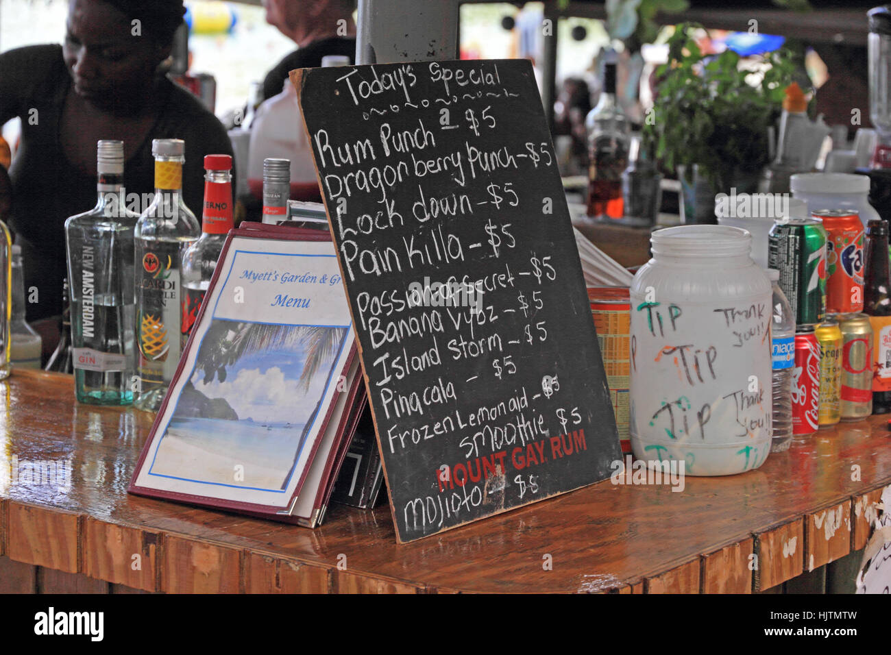 Getränkekarte am Strand Bar, Cane Garden Bay, Tortola Stockfoto