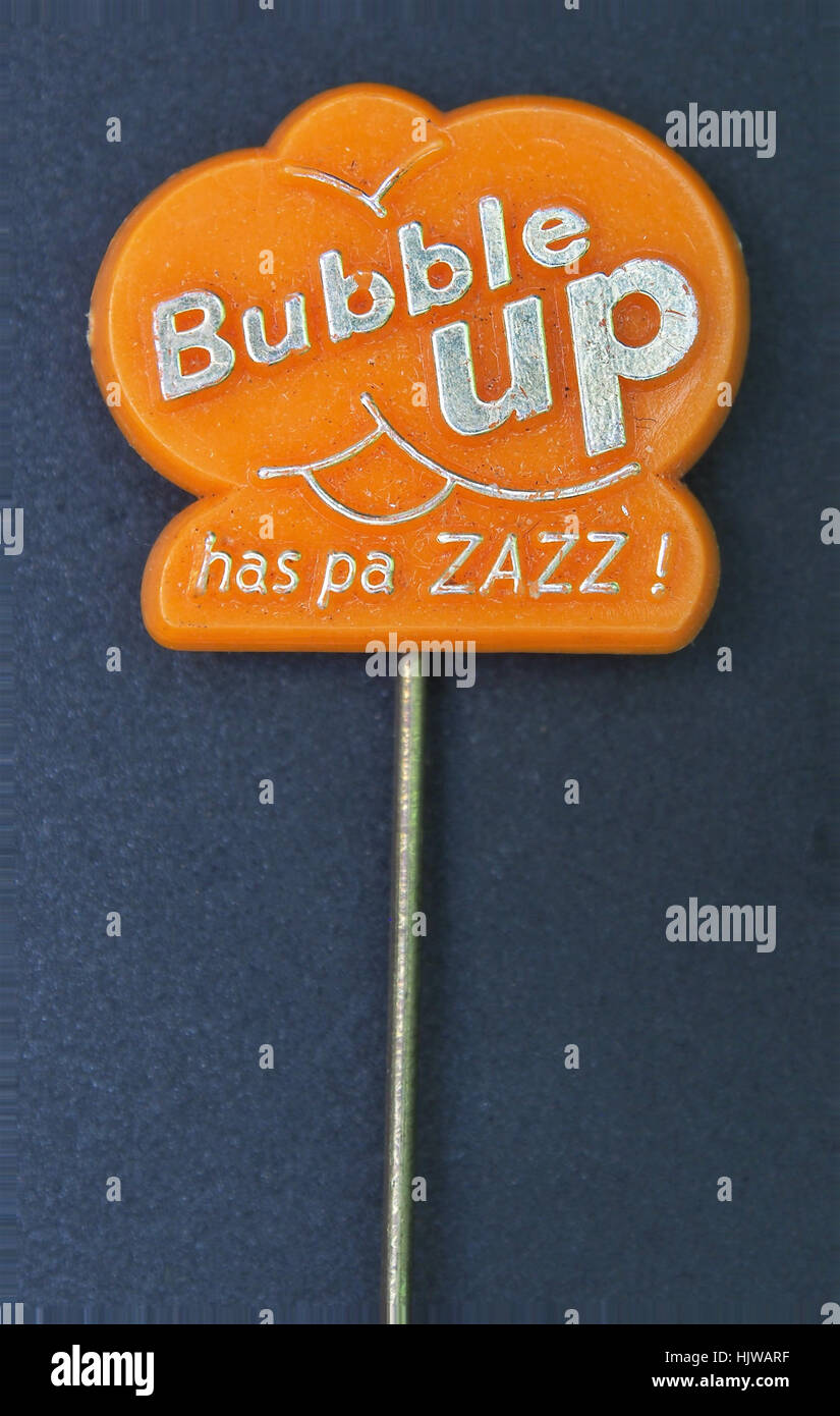 Der Bubble Up has PA ZAZZ Orange Werbesinn wurde als Werbeartikel für die Marke Bubble Up entwickelt, ein kohlensäurehaltiges Getränk, das Mitte des 20. Jahrhunderts beliebt war. Stockfoto