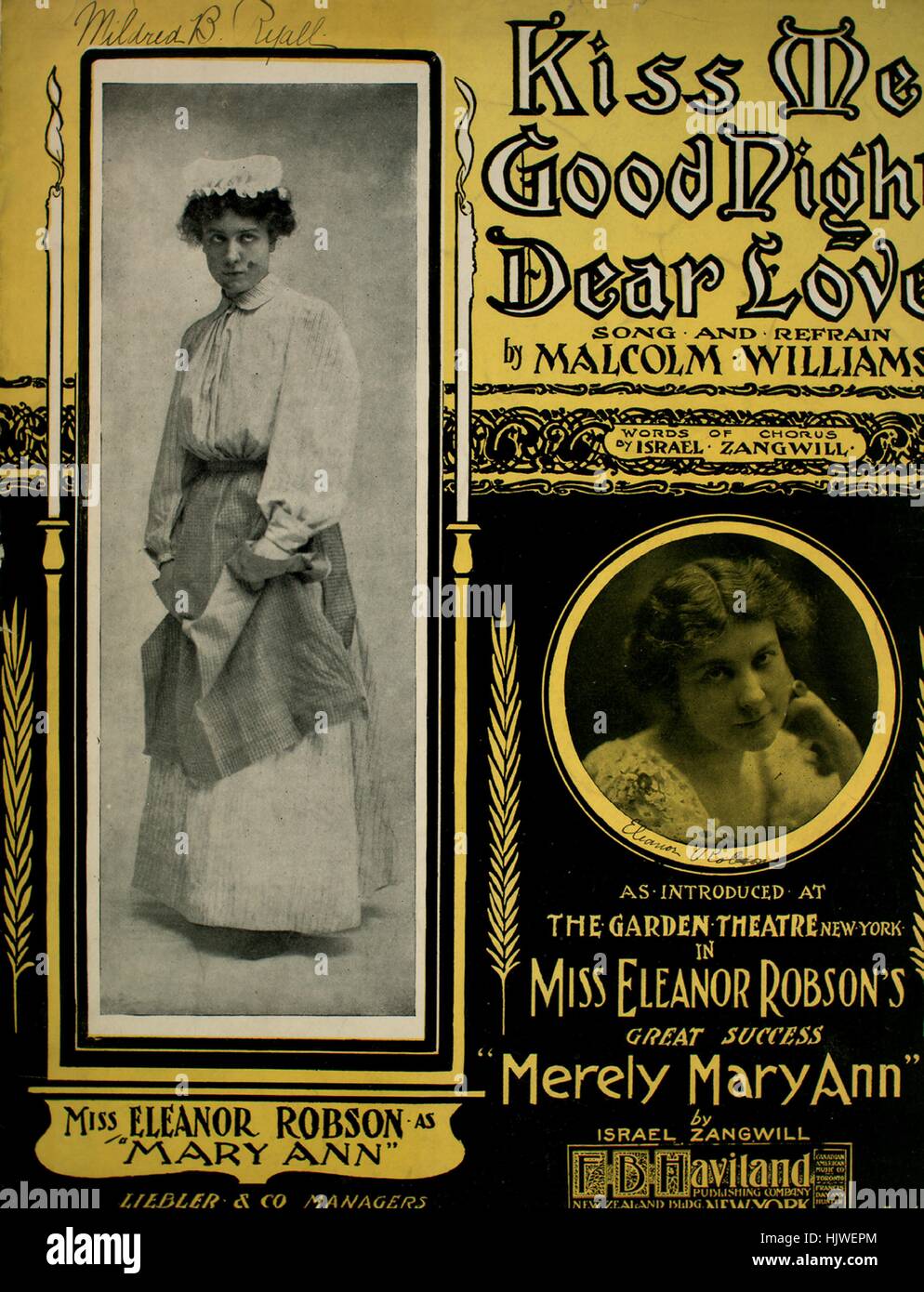 Sheet Music cover Bild des Liedes 'Kiss Me Goodnight Liebe Love Song und Refrain", mit ursprünglichen Autorschaft Noten lesen"von Malcolm Williams Worte der Chor durch Israel Zangwill', USA, 1904. Der Verlag als "F.b. Haviland Publishing Co., New Zealand Gbd., Broadway und 37." aufgeführt ist, die Form der Komposition ist "strophische mit Chor", die Instrumentierung ist "Klavier und Stimme", die erste Linie liest "Hast du vergessen, die Nacht im Juni, wenn wir zwei unter dem Sommer-Mond standen", und der Abbildung Künstler wird als "zugeordnete Fotos von Robson; Frew; Teller, Söhne und Dorner neu Stockfoto