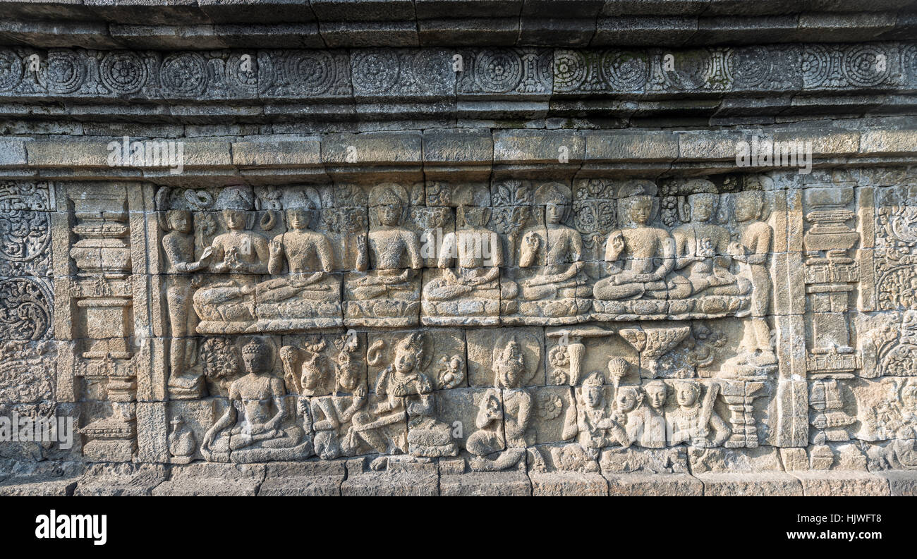 Wand Relief, Borobudur-Tempel, Yogyakarta, Java, Indonesien Stockfoto