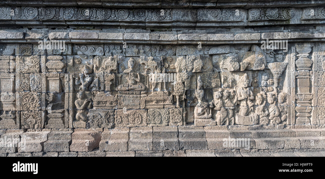 Wand Relief, Borobudur-Tempel, Yogyakarta, Java, Indonesien Stockfoto