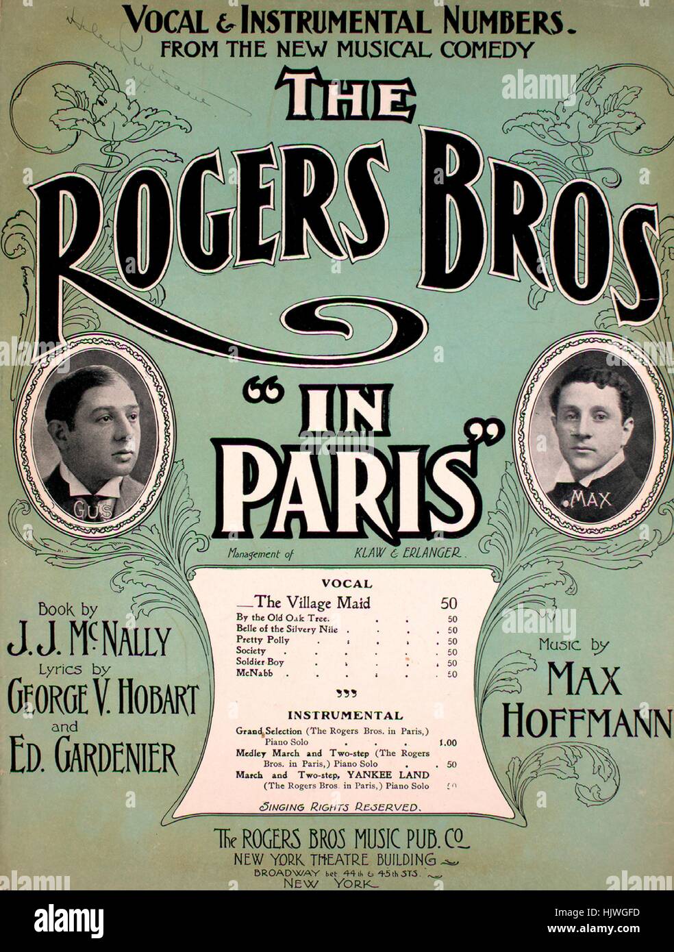 Titelbild der Noten des Liedes 'The Dorf Maid', mit ursprünglichen Autorschaft Noten lesen "Lyrics by George V Hobart" und Ed Gardenier Musik von Max Hoffmann, Vereinigte Staaten, 1904. Der Herausgeber ist als aufgeführt "The Rogers Bros Music Pub. Co., New York Theatergebäude, Broadway Wette. 44th und 45th St. ", die Form der Komposition ist"strophische mit Chor", die Instrumentierung ist"Klavier und Stimme", die erste Linie liest"Wenig Dollie Grübchen sie sah sehr sehr einfach, wenn sie zuerst die Stadt geschlagen", und der Abbildung Künstler wird als" Unattrib. Fotos von The Rogers Bros.; Starmer; Teller, Stockfoto