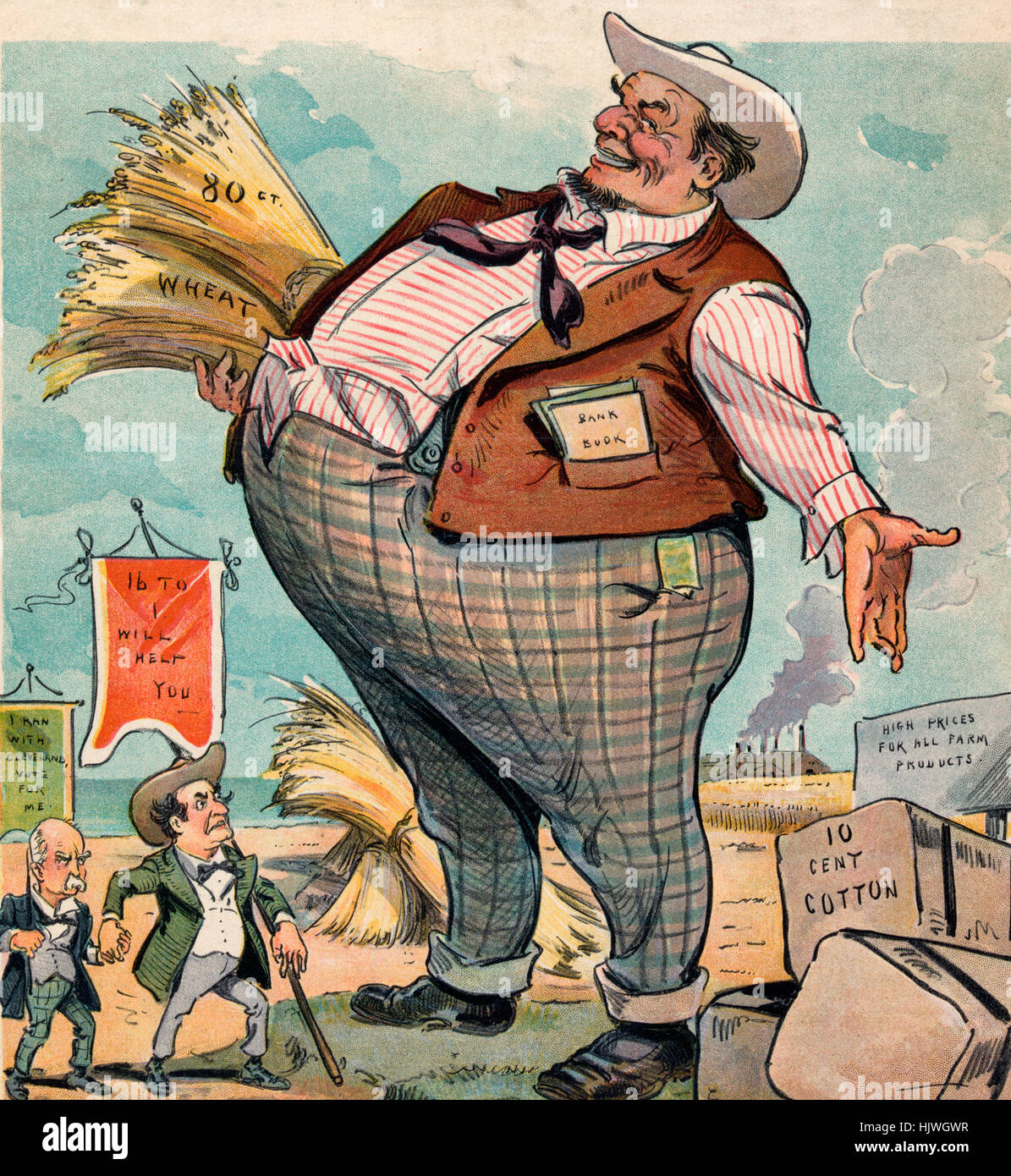 Er kann sie nicht sehen – politische Karikatur zeigt William Jennings Bryan tragen einen Banner, der besagt "16 bis 1 hilft Ihnen" und Adlai tragen einen Banner, der besagt "Ich lief mit Cleveland, Vote for me", steht vor gigantischen Landwirt, ungeheuren Ausmaßes auf Gewinne aus Weizen angewachsen, Baumwolle und anderen Bauernhof produzieren.  1900 Stockfoto