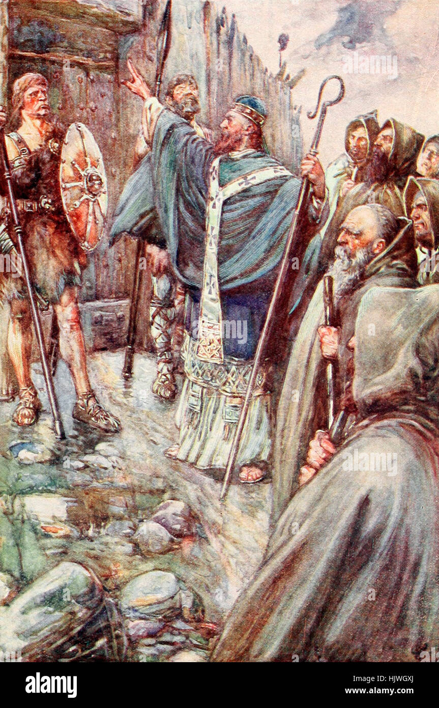 St. Columba machte das Zeichen des Kreuzes, und die großen Tore weit geöffnet. Szene aus der schottischen Geschichte Stockfoto