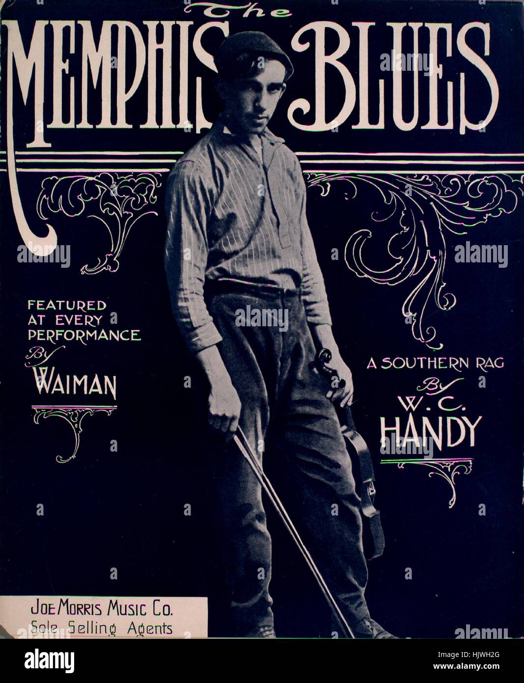 Noten decken Bild des Liedes "The Memphis Blues, oder Mister Crump A Southern Rag", mit ursprünglichen Autorschaft Notizen lesen "per Handy WC", 1912. Der Verlag als "Joe Morris Music Co." aufgeführt ist, die Form der Komposition ist "Schnitt", die Instrumentierung ist "Klavier", liest die erste Zeile "None" und der Abbildung Künstler wird als aufgeführt "Unattrib. Foto von Waiman ". Stockfoto